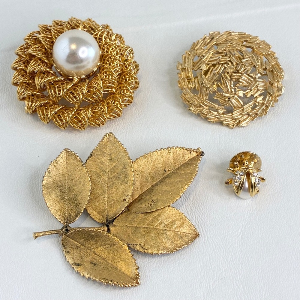 Vintage Brooch Lot Gold Tone Faux Pearl Leaf Ladybug Textured Pin Set